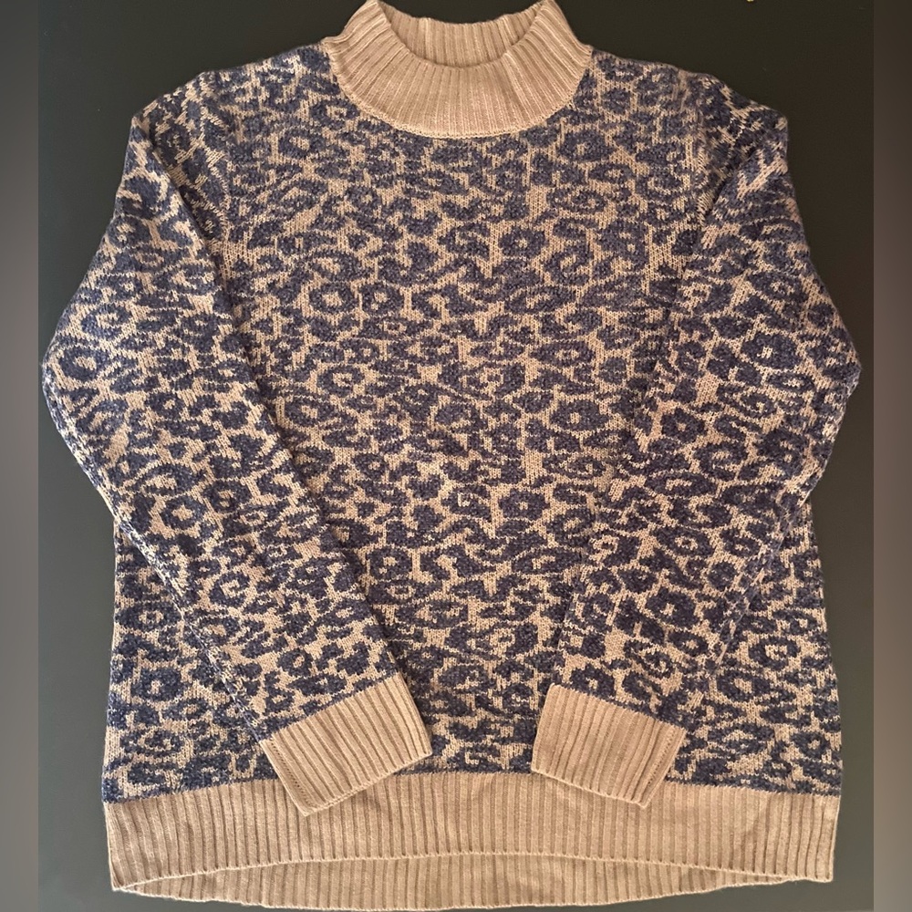 Neiman Marcus Tan and Blue Turtleneck Sweater with Leopard Print